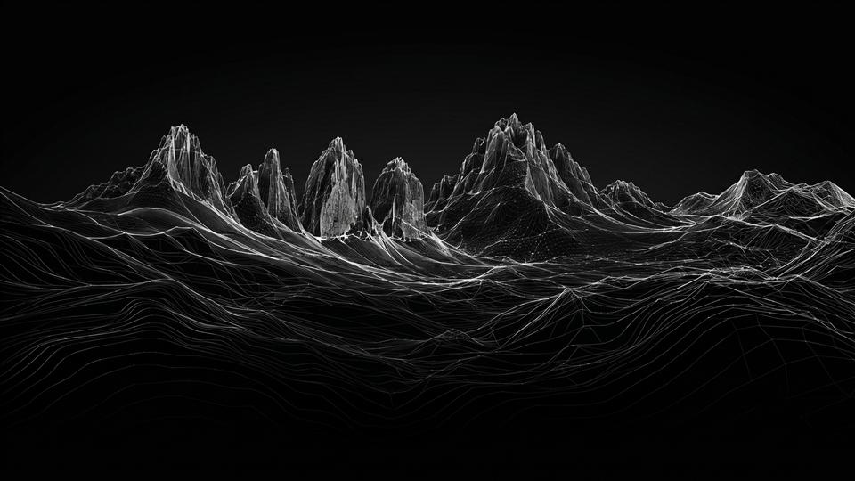 Drátěný model štítů Tre Cime di Lavaredo na černém pozadí